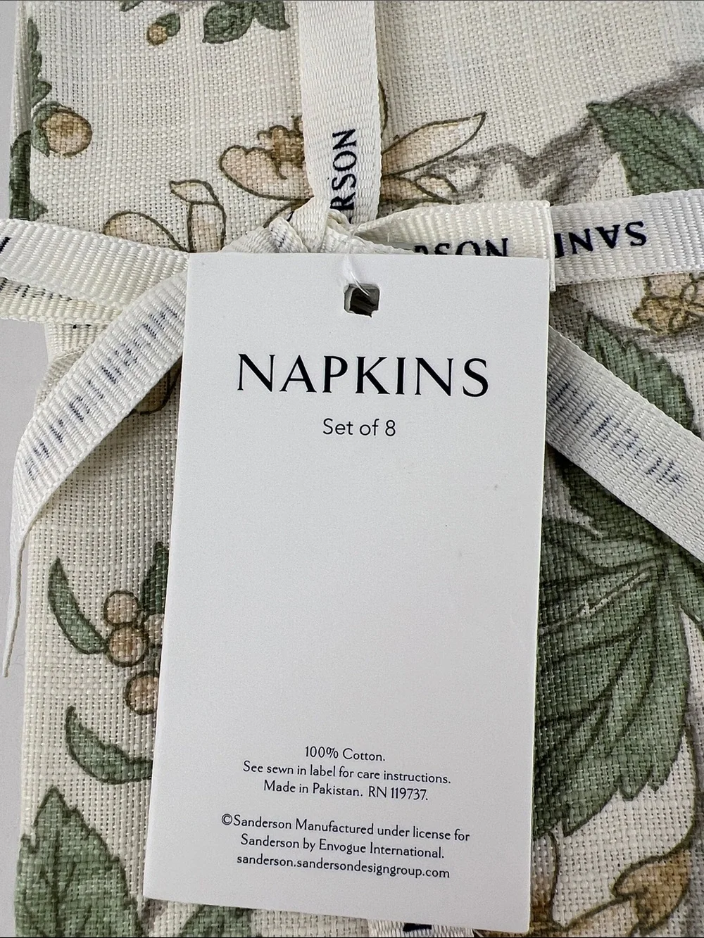 Sanderson Floral Linen Napkins in Green and Cream 100% Cotton Set of 8 NEW